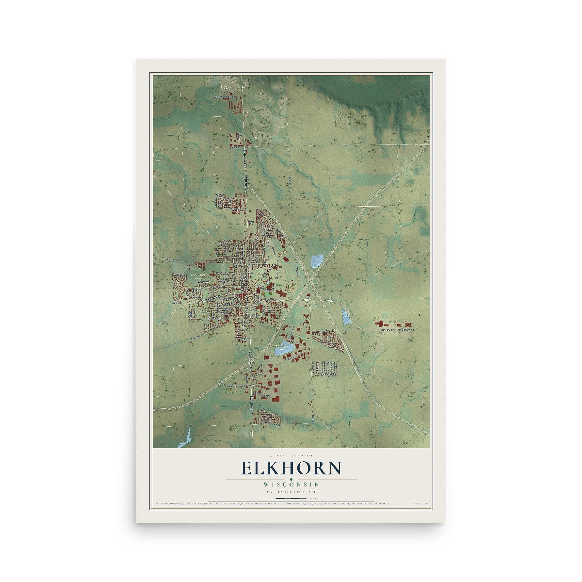 Map of Elkhorn, Wisconsin, 12 x 18 inch unframed archival matte print