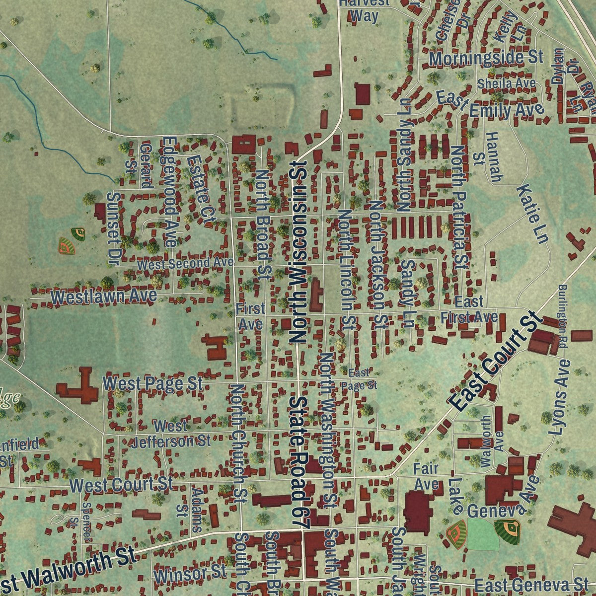 Close-up of the map of Elkhorn, Wisconsin print showing street and building detail