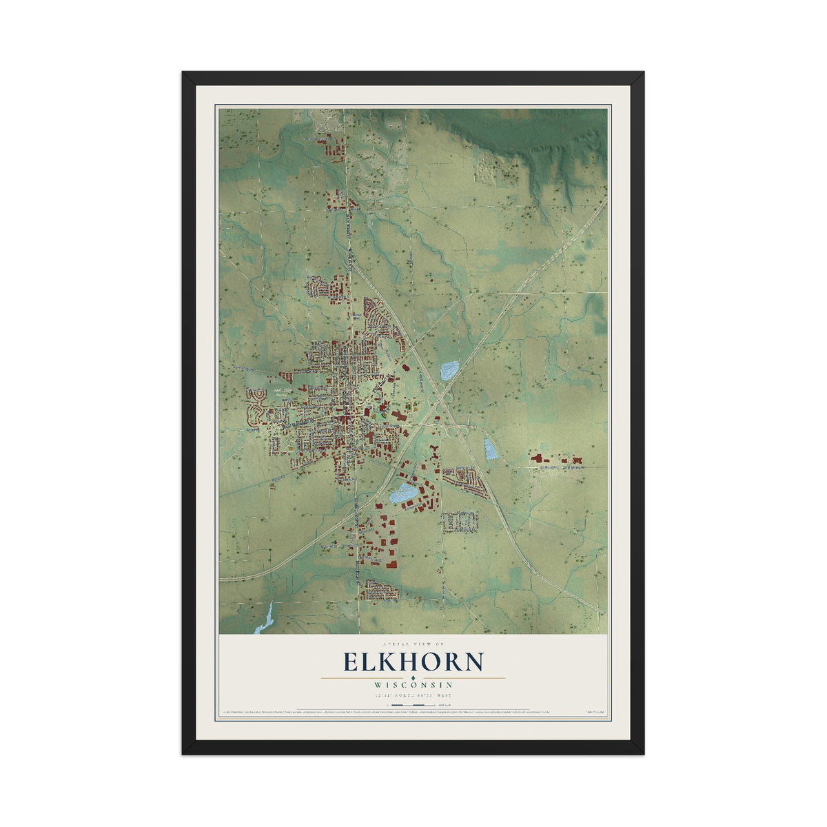Map of Elkhorn, Wisconsin, 12 x 18 inch print in a black wood frame
