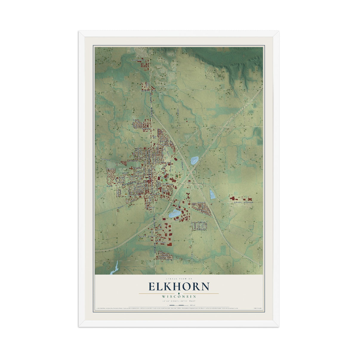 Map of Elkhorn, Wisconsin, 12 x 18 inch print in a white wood frame