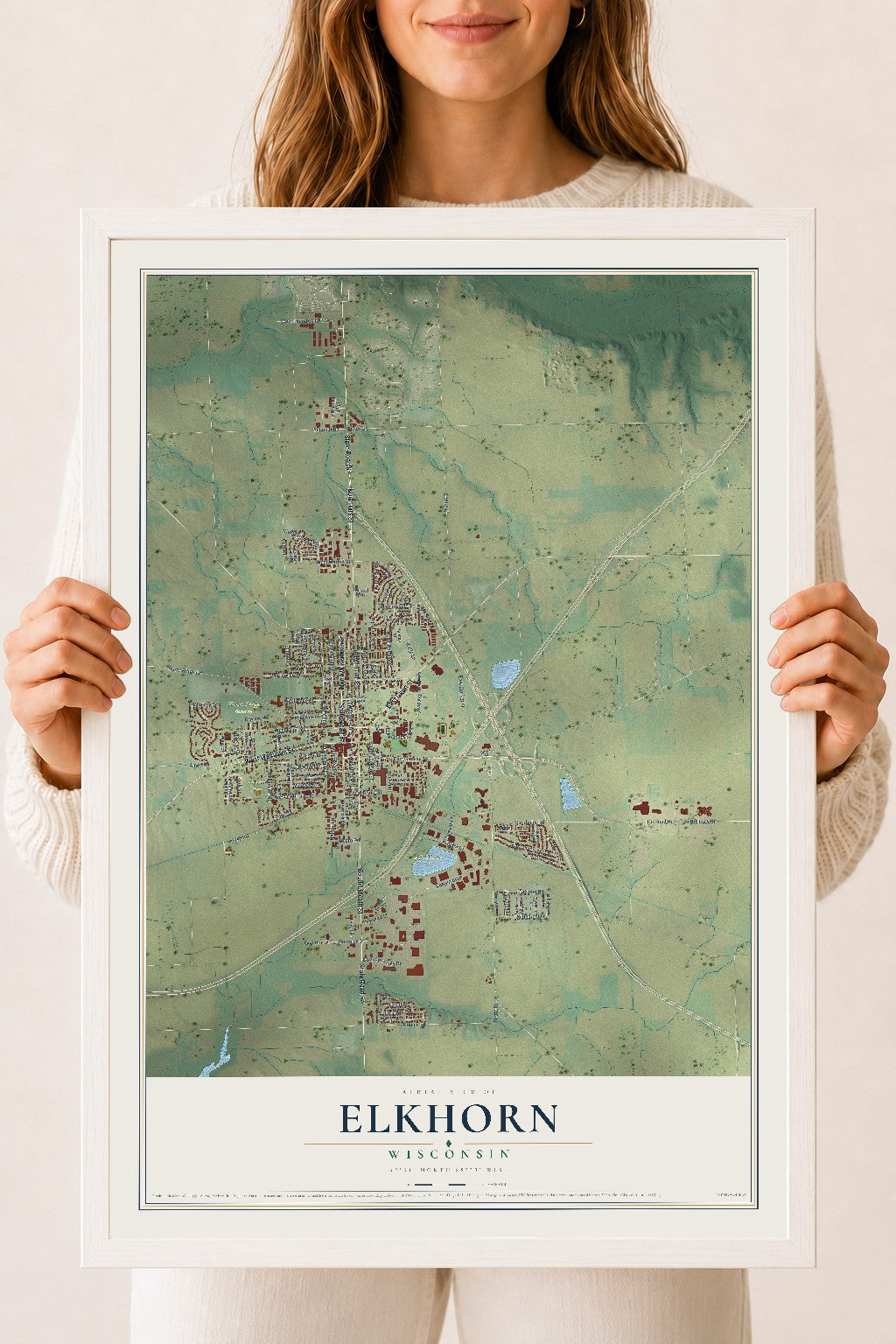 Map of Elkhorn, Wisconsin, 18 x 24 inch print in a white wood frame