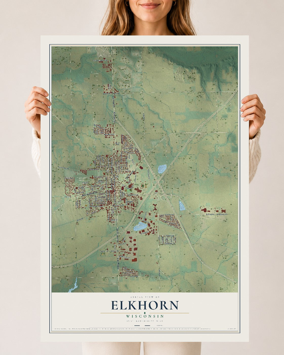 Map of Elkhorn, Wisconsin, 24 x 36 inch unframed archival matte print