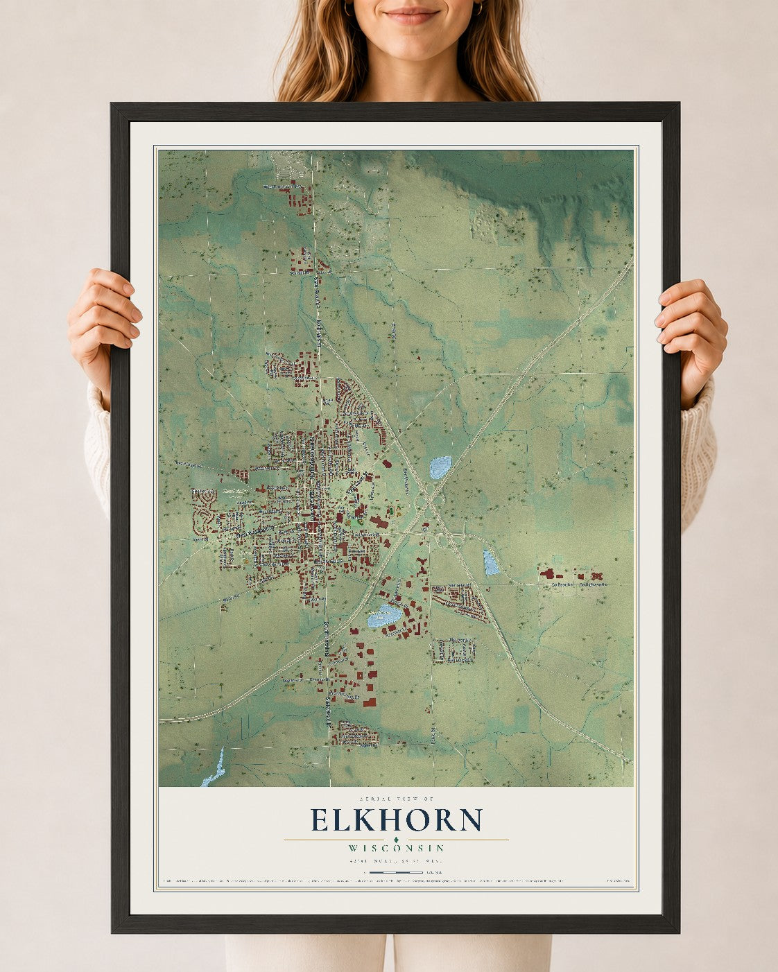 Map of Elkhorn, Wisconsin, 24 x 36 inch print in a black wood frame
