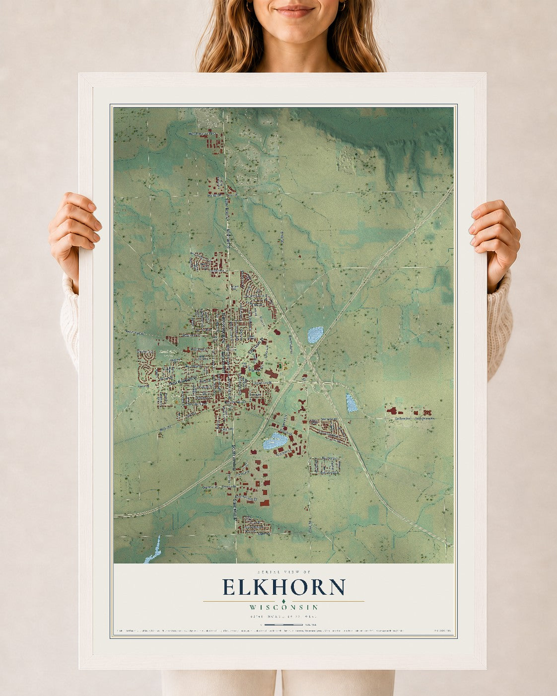 Map of Elkhorn, Wisconsin, 24 x 36 inch print in a white wood frame