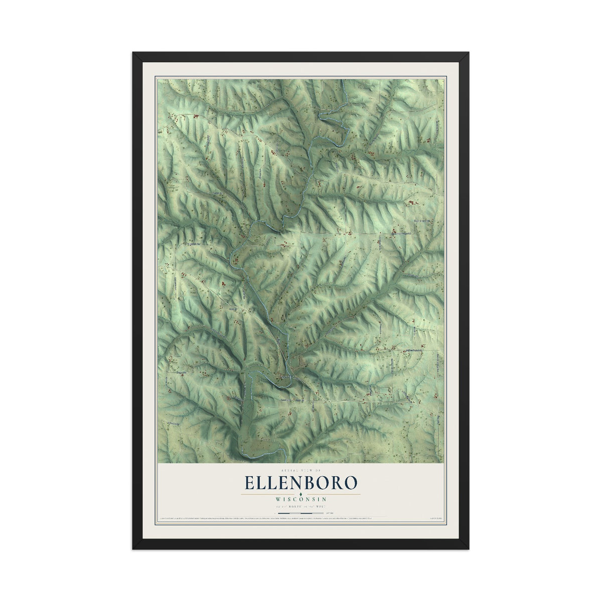 Map of Ellenboro, Wisconsin, 12 x 18 inch print in a black wood frame