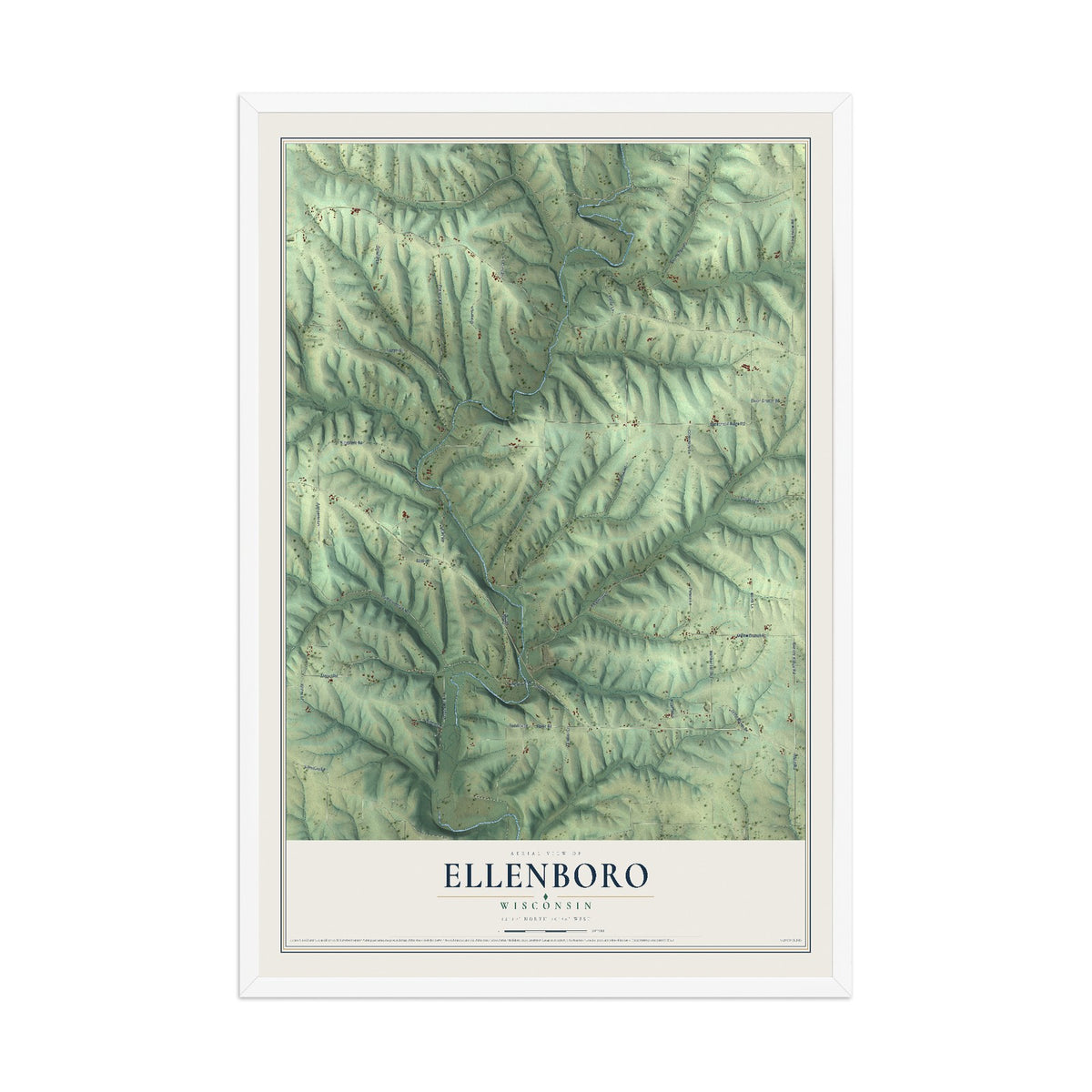 Map of Ellenboro, Wisconsin, 12 x 18 inch print in a white wood frame