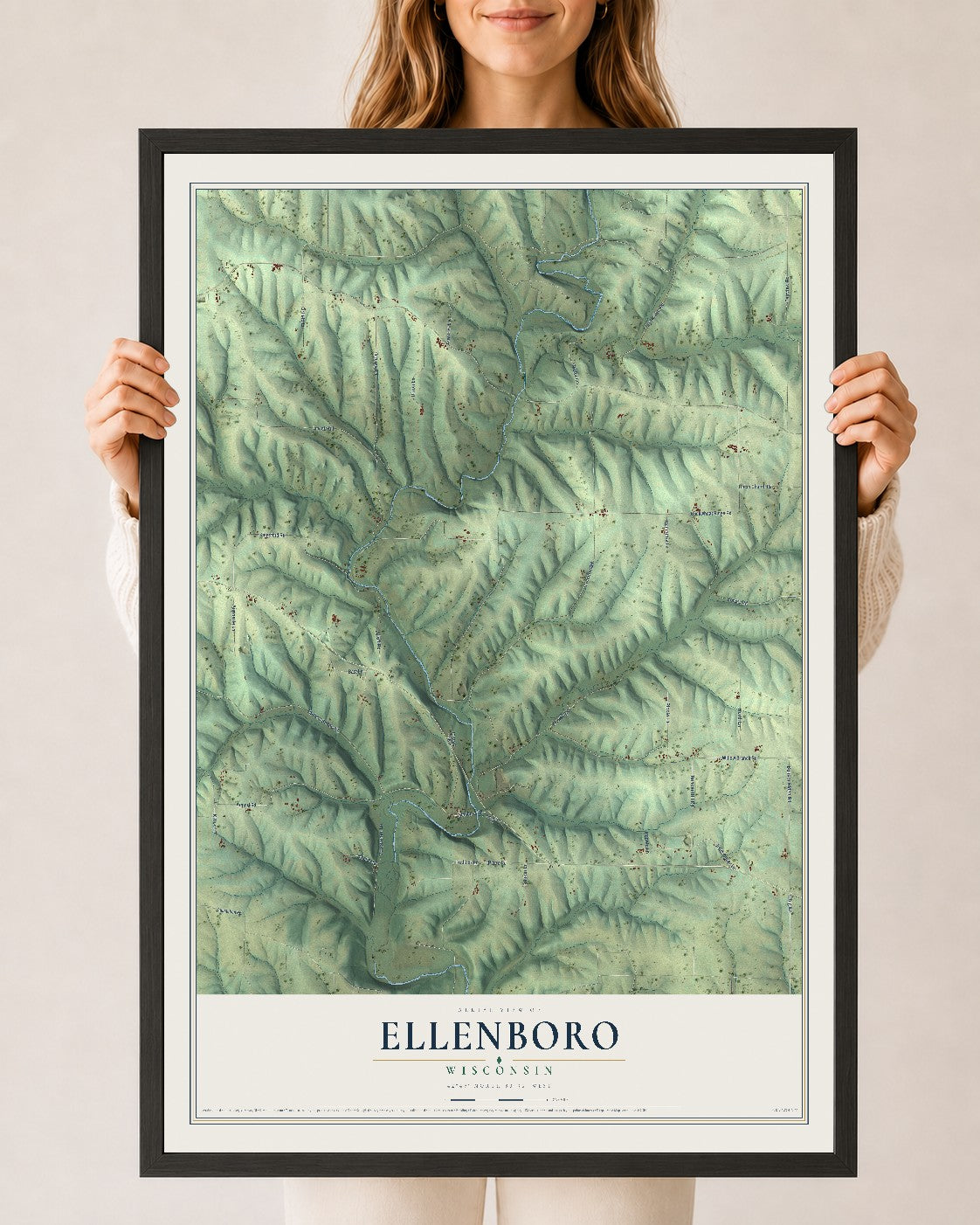 Map of Ellenboro, Wisconsin, 24 x 36 inch print in a black wood frame