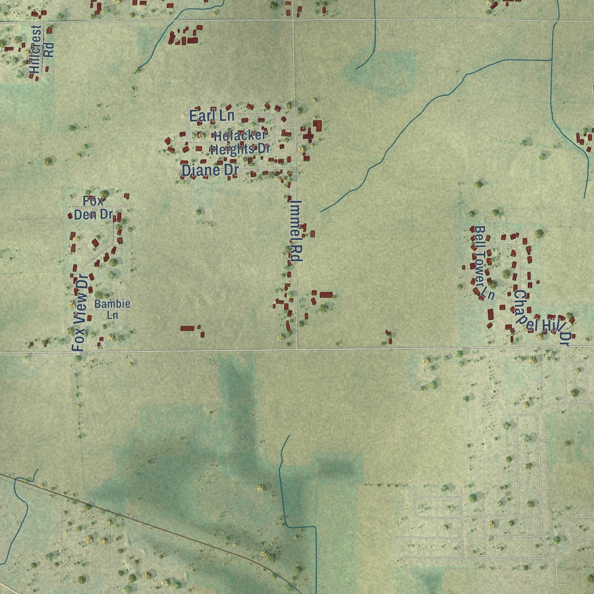 Close-up of the map of Ellington, Wisconsin print showing street and building detail
