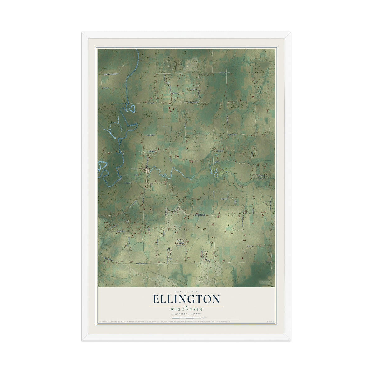 Map of Ellington, Wisconsin, 12 x 18 inch print in a white wood frame