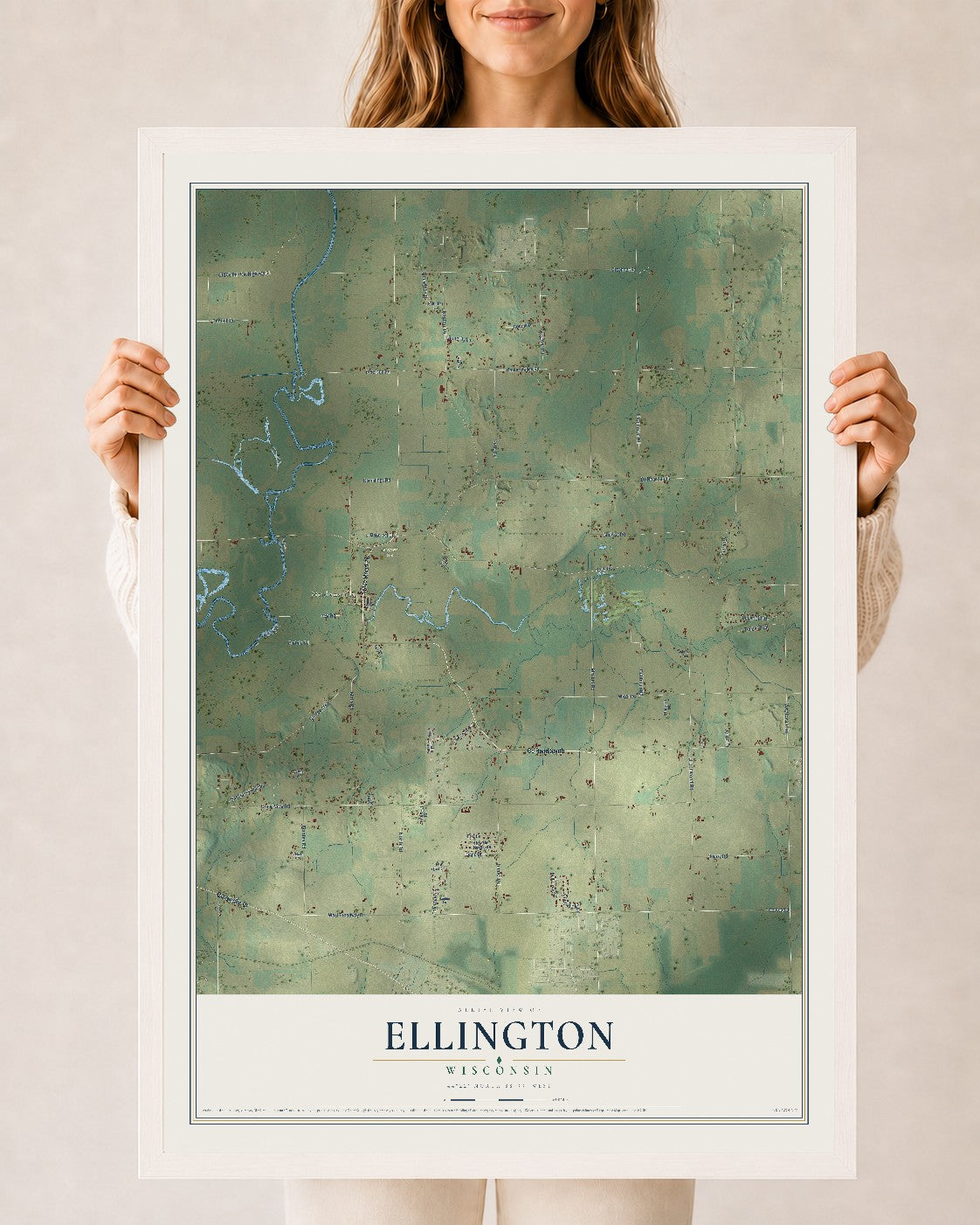 Map of Ellington, Wisconsin, 24 x 36 inch print in a white wood frame