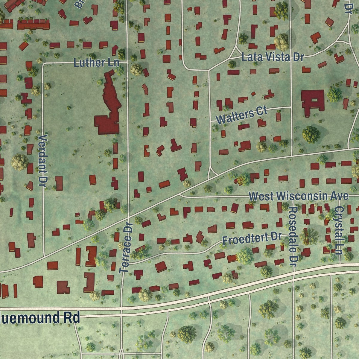 Second close-up of the map of Elm Grove, Wisconsin print showing more streets and buildings