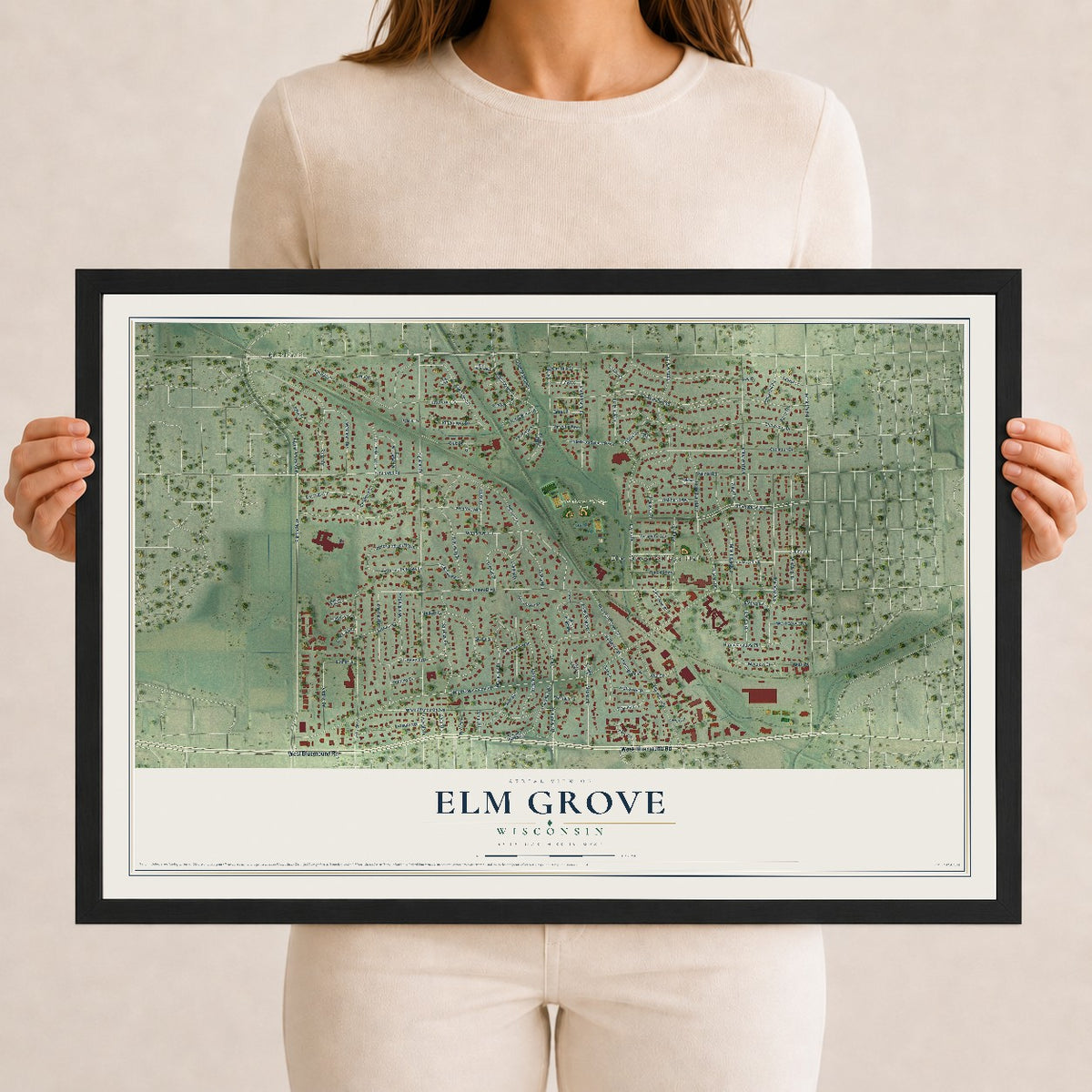 Map of Elm Grove, Wisconsin, 12 x 18 inch print in a black wood frame