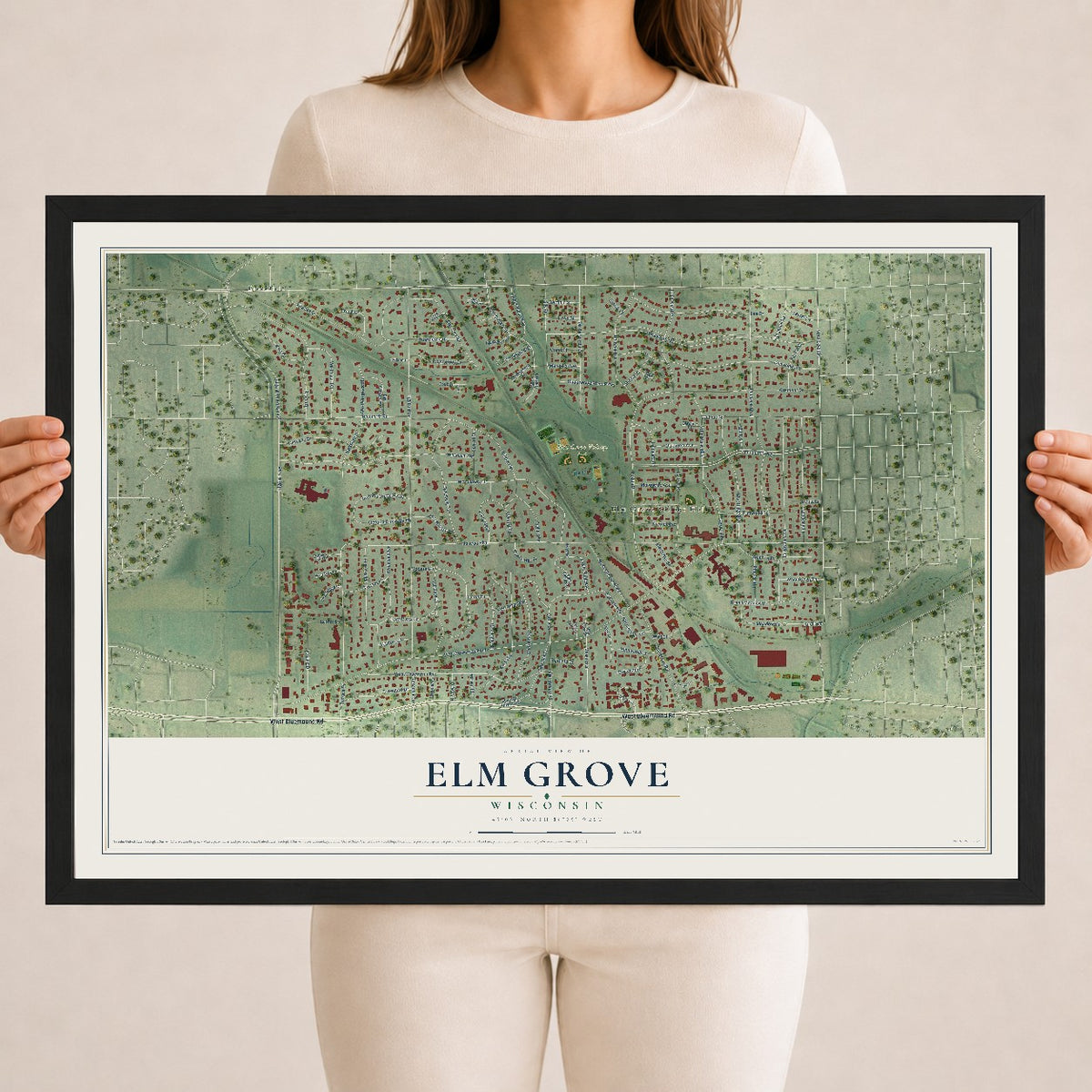 Map of Elm Grove, Wisconsin, 18 x 24 inch print in a black wood frame