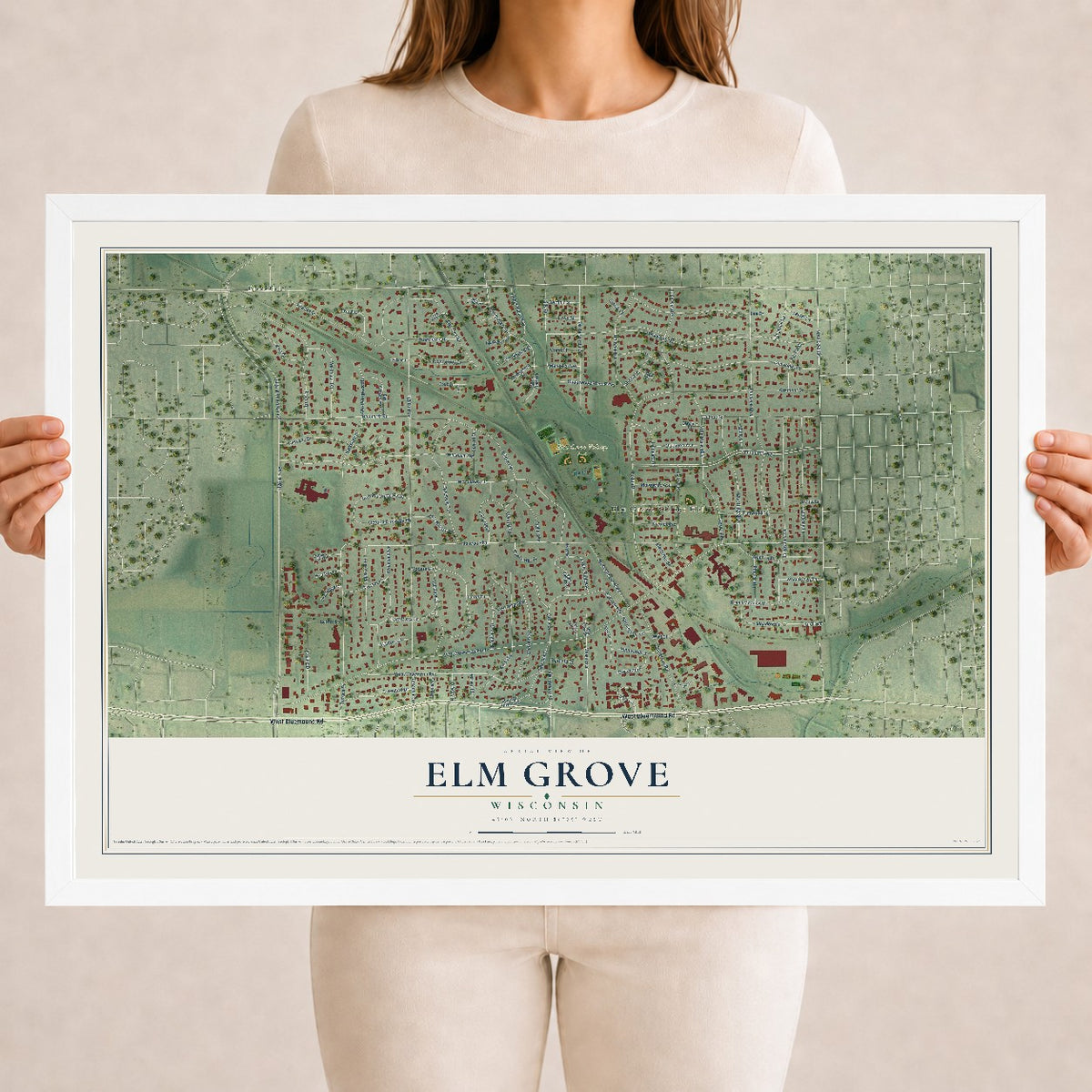 Map of Elm Grove, Wisconsin, 18 x 24 inch print in a white wood frame