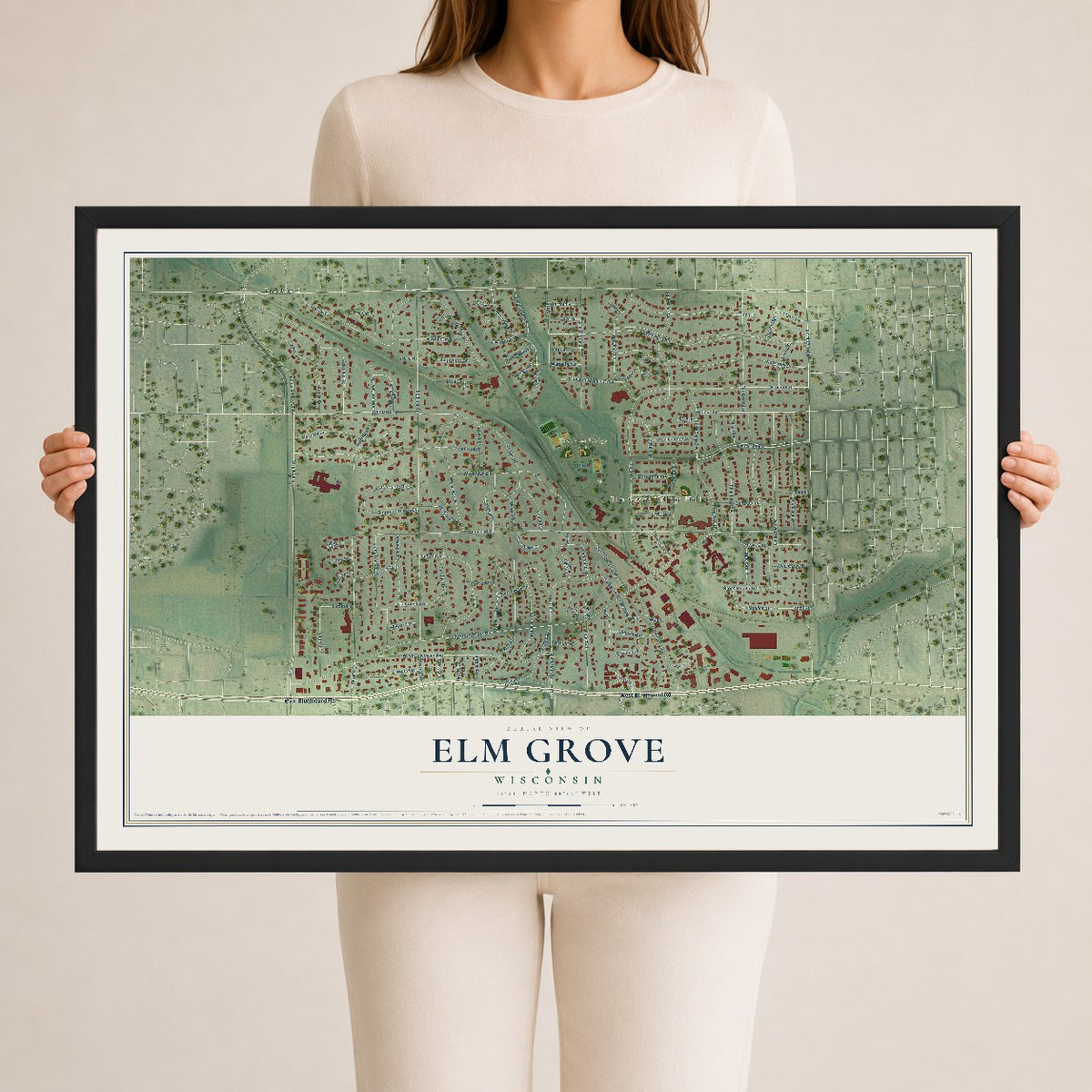 Map of Elm Grove, Wisconsin, 24 x 36 inch print in a black wood frame