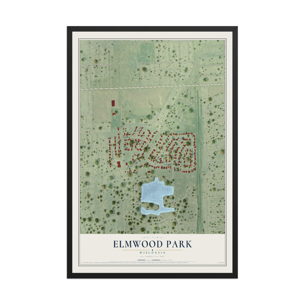 Map of Elmwood Park, Wisconsin, 12 x 18 inch print in a black wood frame