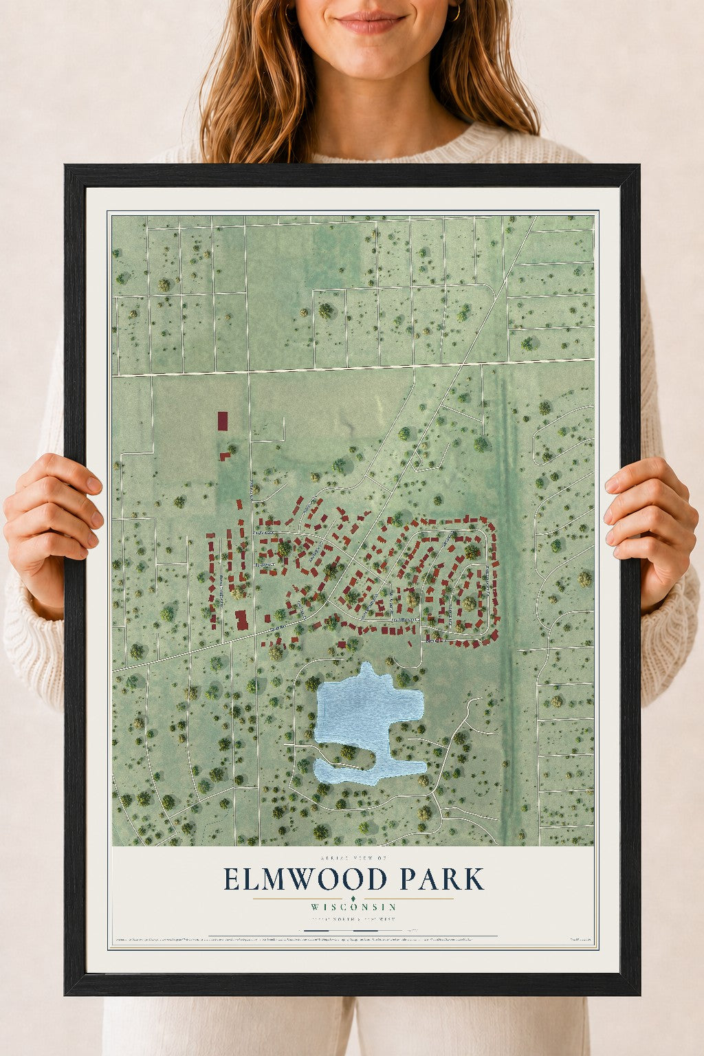 Map of Elmwood Park, Wisconsin, 18 x 24 inch print in a black wood frame