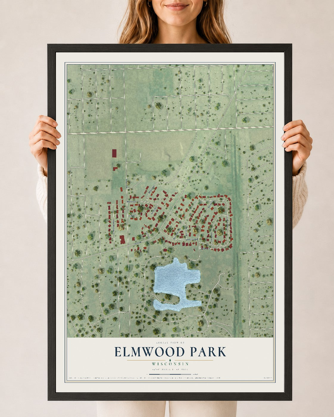 Map of Elmwood Park, Wisconsin, 24 x 36 inch print in a black wood frame