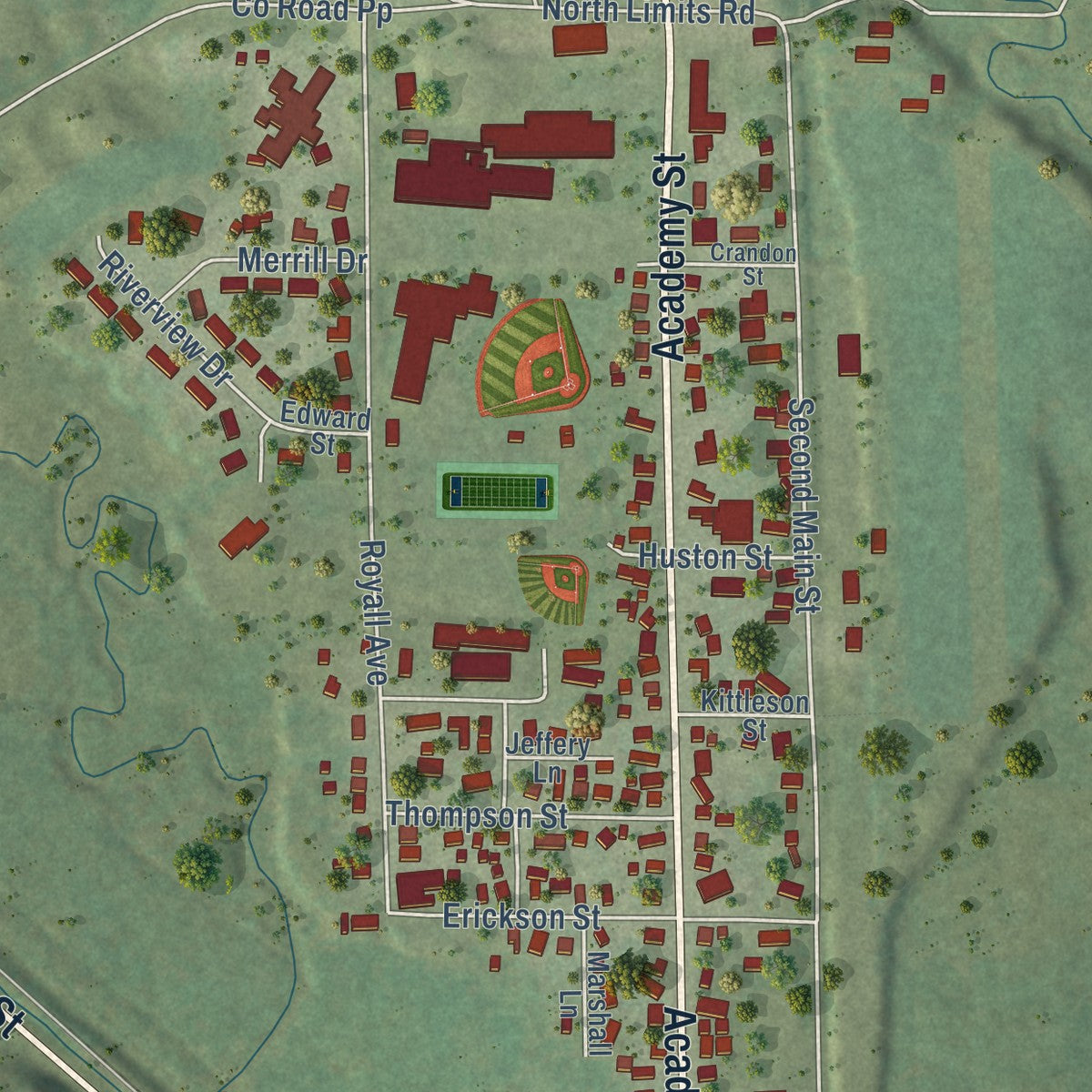 Close-up of the map of Elroy, Wisconsin print showing street and building detail