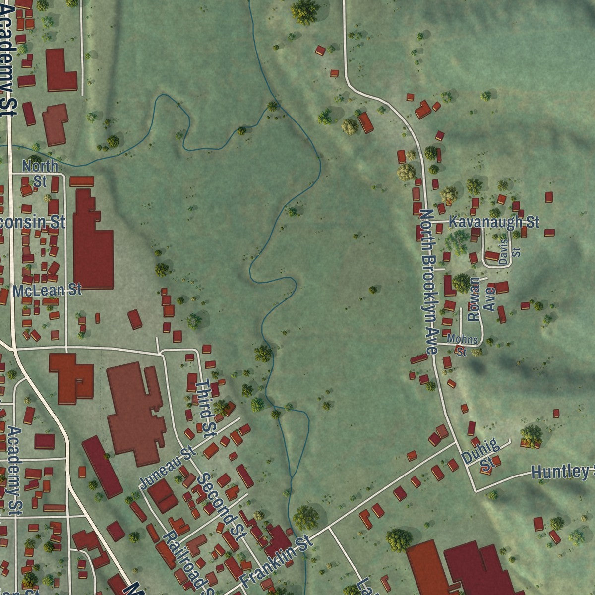 Second close-up of the map of Elroy, Wisconsin print showing more streets and buildings