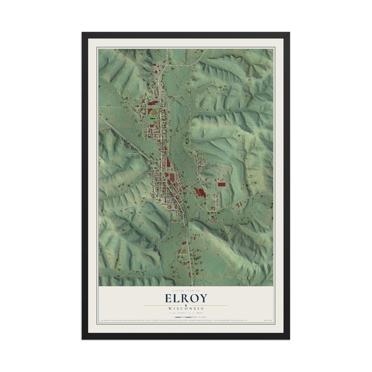 Map of Elroy, Wisconsin, 12 x 18 inch print in a black wood frame