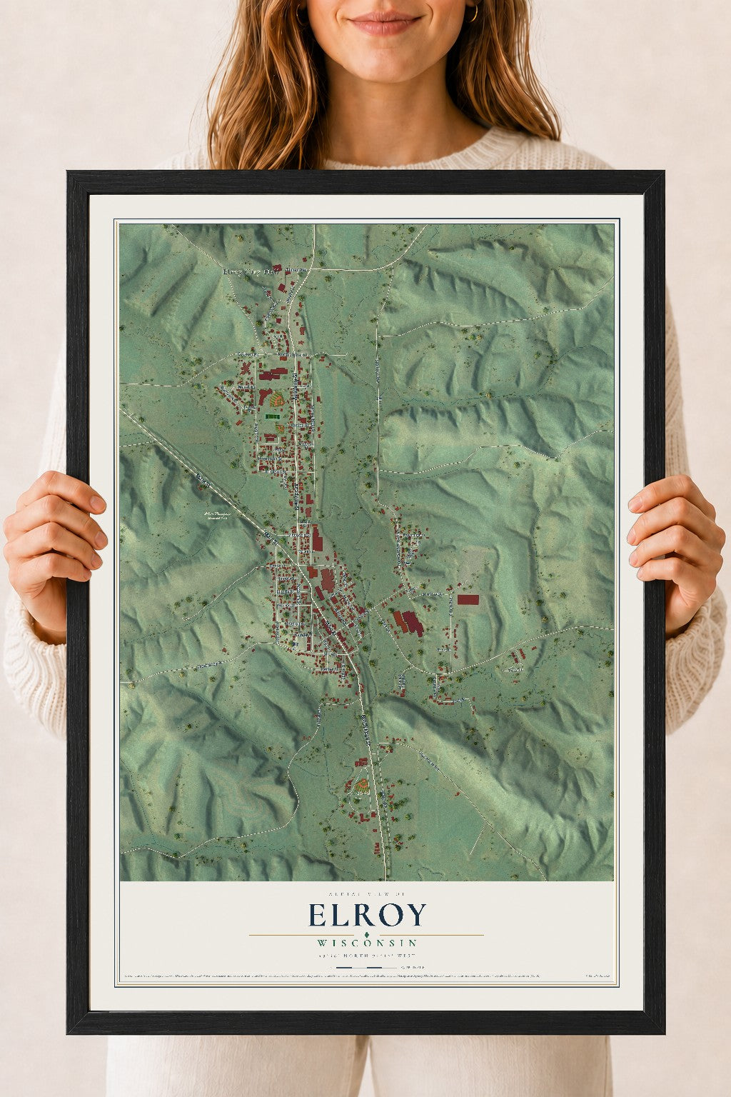 Map of Elroy, Wisconsin, 18 x 24 inch print in a black wood frame