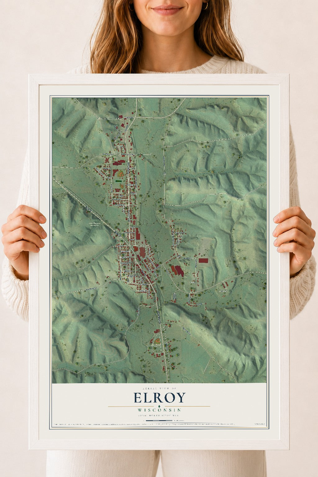 Map of Elroy, Wisconsin, 18 x 24 inch print in a white wood frame