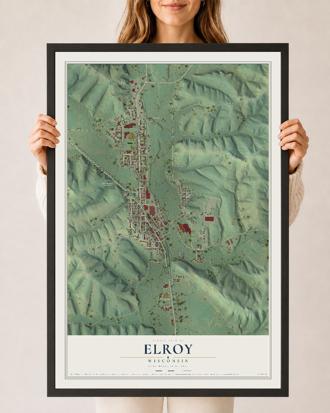 Map of Elroy, Wisconsin, 24 x 36 inch print in a black wood frame