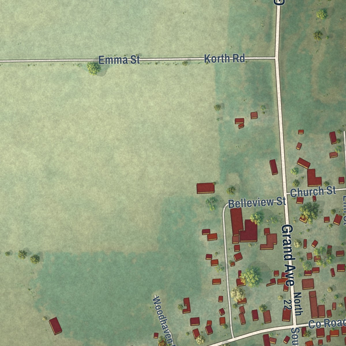 Close-up of the map of Embarrass, Wisconsin print showing street and building detail