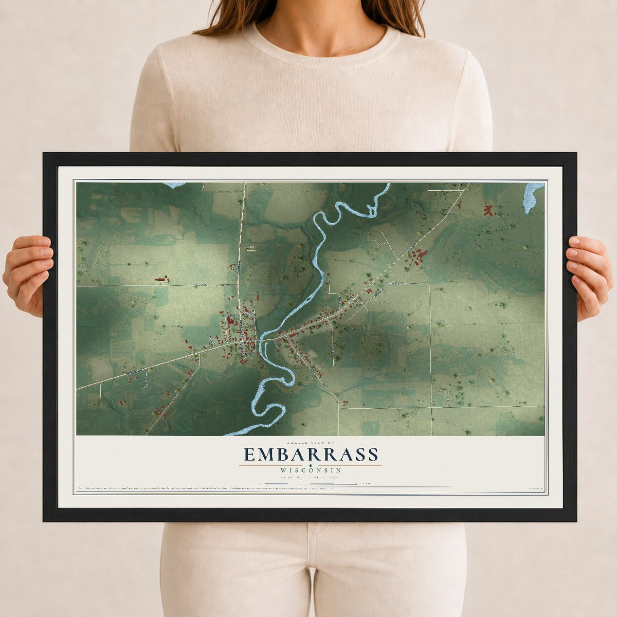Map of Embarrass, Wisconsin, 12 x 18 inch print in a black wood frame