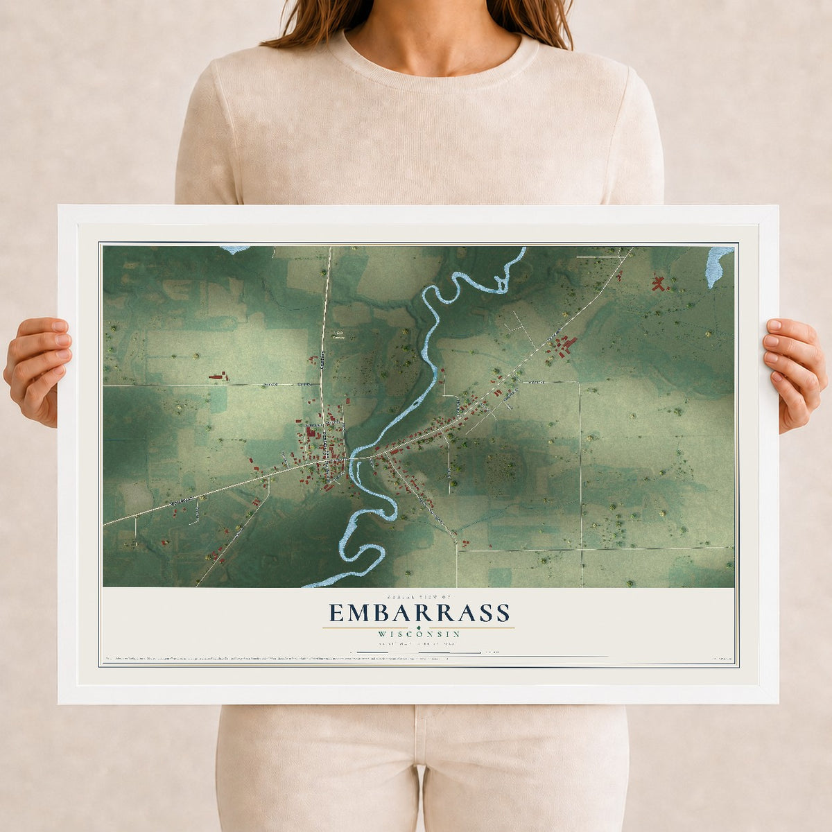 Map of Embarrass, Wisconsin, 12 x 18 inch print in a white wood frame