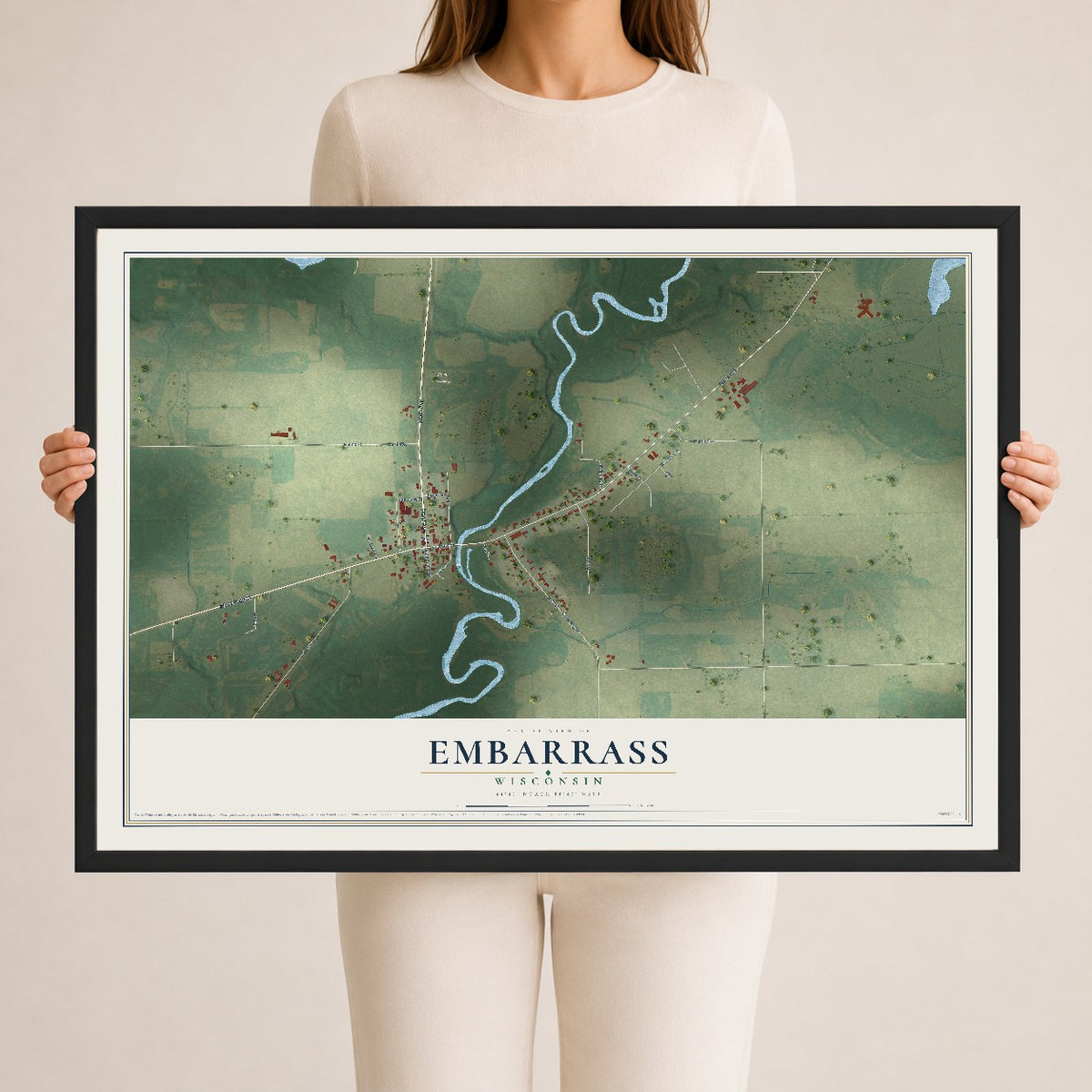 Map of Embarrass, Wisconsin, 24 x 36 inch print in a black wood frame