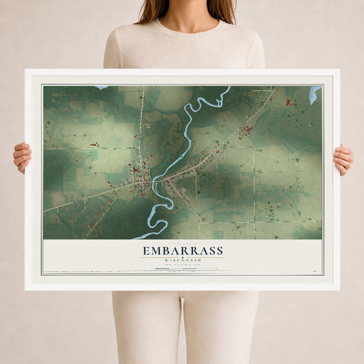 Map of Embarrass, Wisconsin, 24 x 36 inch print in a white wood frame