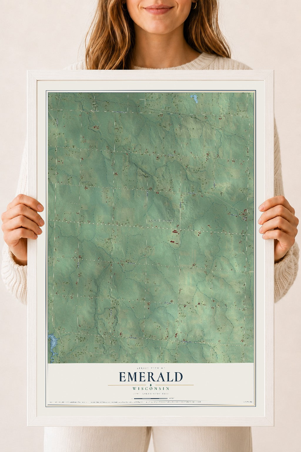 Map of Emerald, Wisconsin, 18 x 24 inch print in a white wood frame