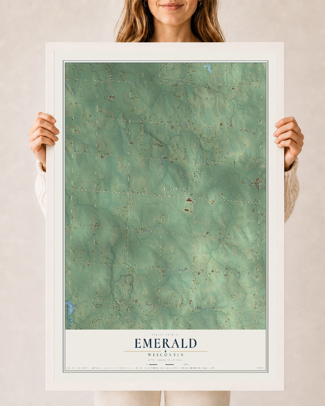 Map of Emerald, Wisconsin, 24 x 36 inch print in a white wood frame