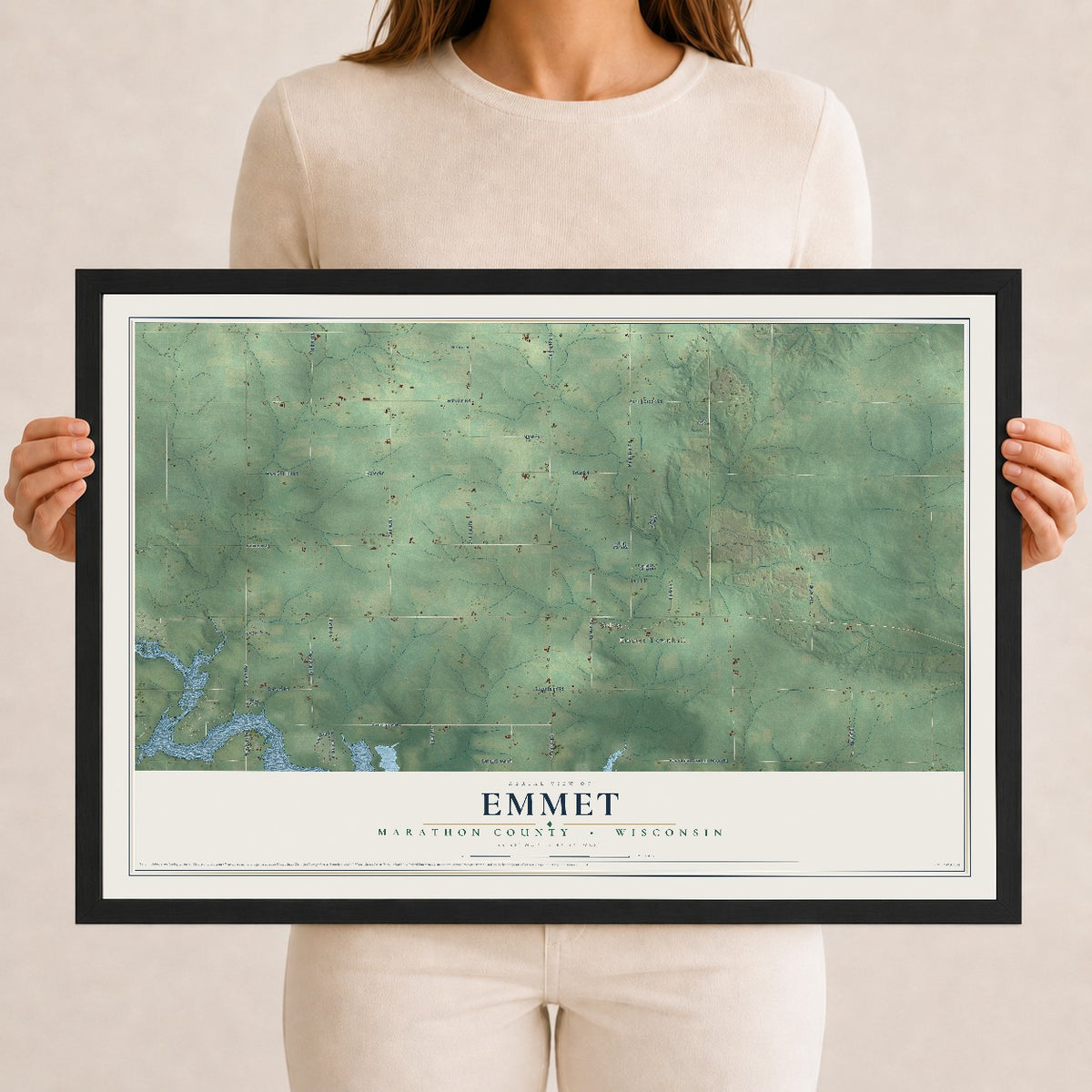Map of Emmet, Marathon County, Wisconsin, 12 x 18 inch print in a black wood frame