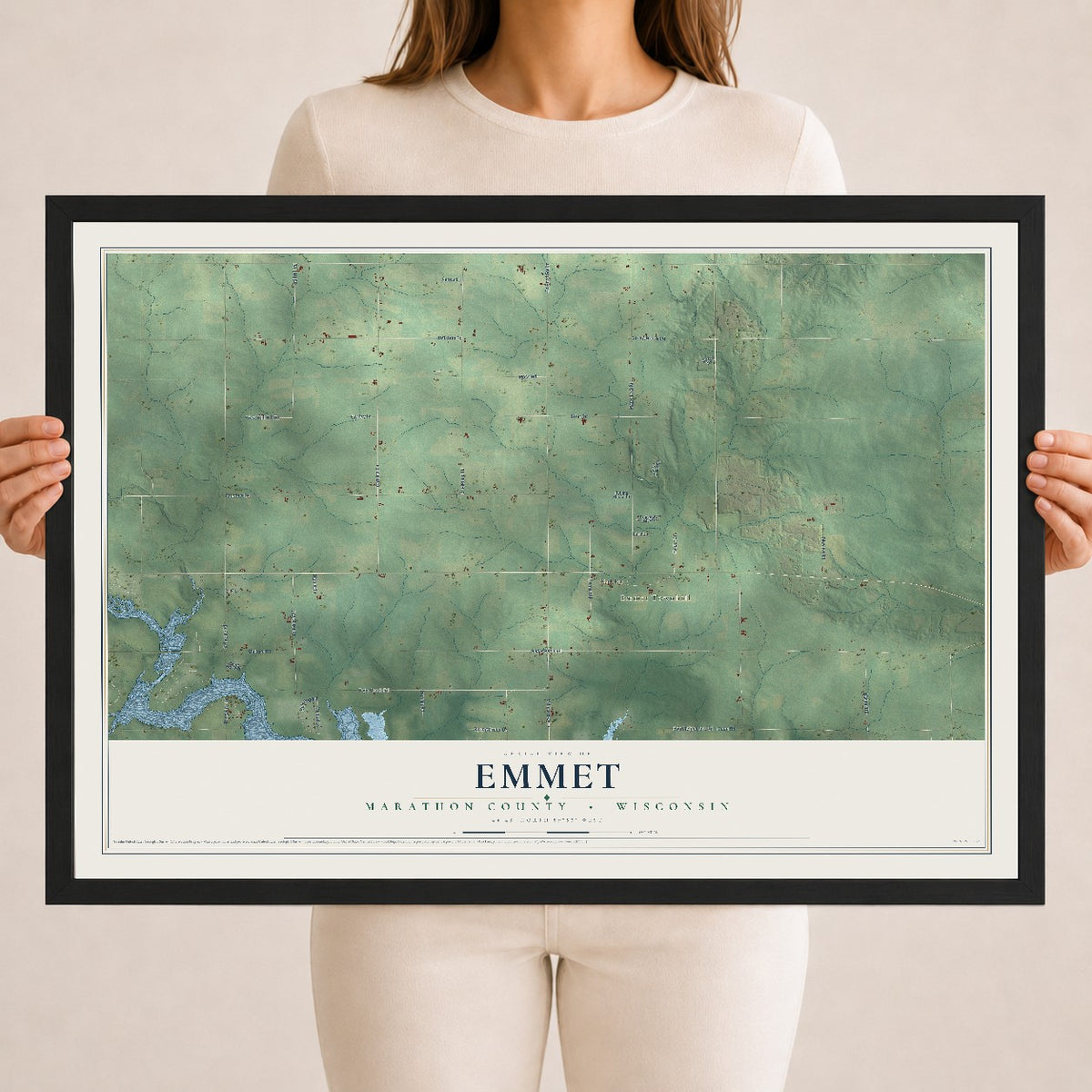 Map of Emmet, Marathon County, Wisconsin, 18 x 24 inch print in a black wood frame