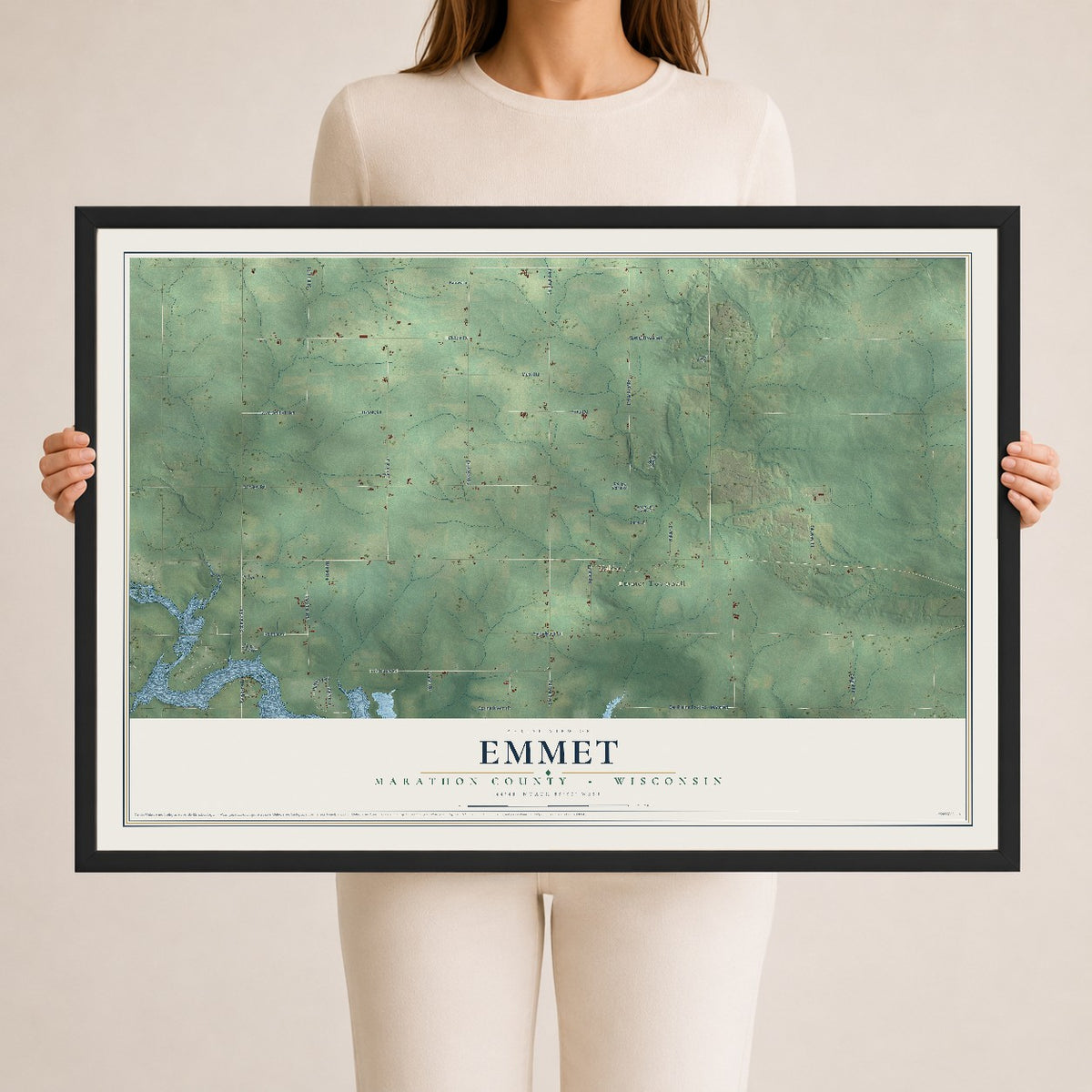 Map of Emmet, Marathon County, Wisconsin, 24 x 36 inch print in a black wood frame