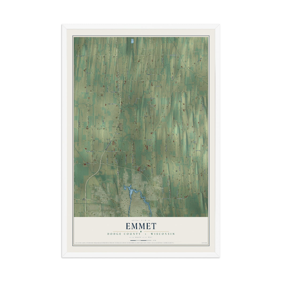 Map of Emmet, Dodge County, Wisconsin, 12 x 18 inch print in a white wood frame