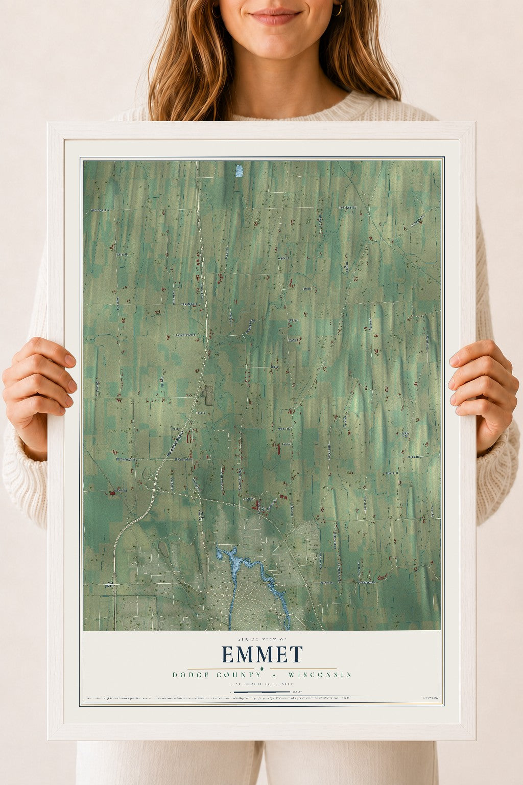 Map of Emmet, Dodge County, Wisconsin, 18 x 24 inch print in a white wood frame