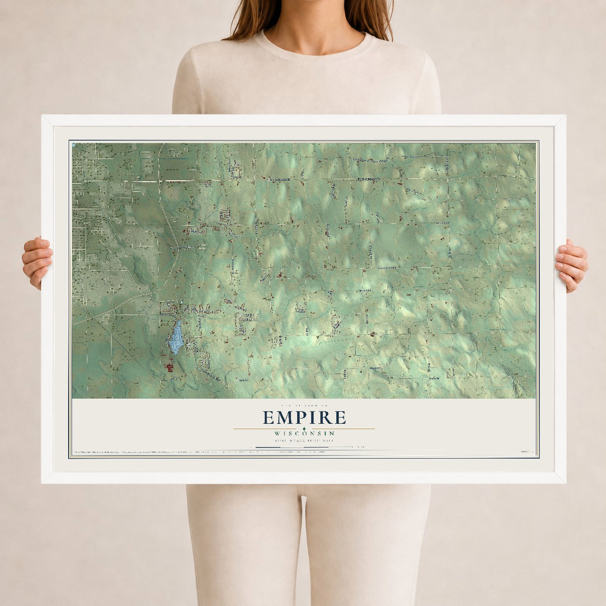 Map of Empire, Wisconsin, 24 x 36 inch print in a white wood frame