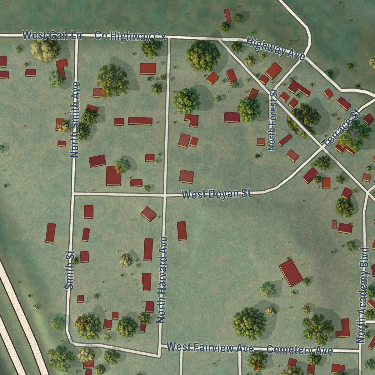 Second close-up of the map of Endeavor, Wisconsin print showing more streets and buildings