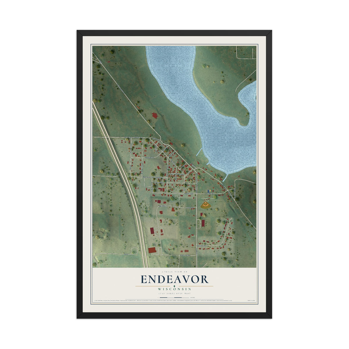 Map of Endeavor, Wisconsin, 12 x 18 inch print in a black wood frame