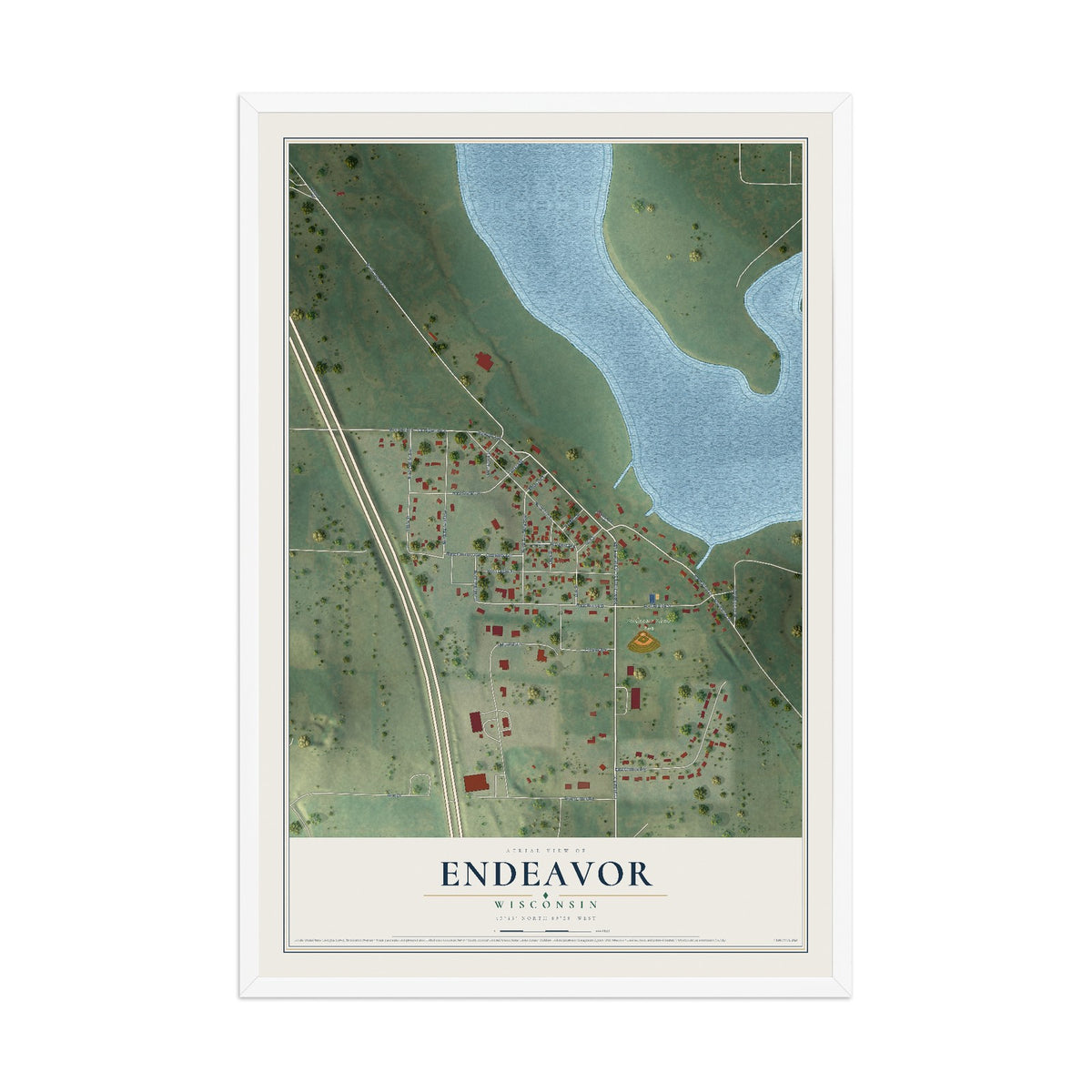 Map of Endeavor, Wisconsin, 12 x 18 inch print in a white wood frame