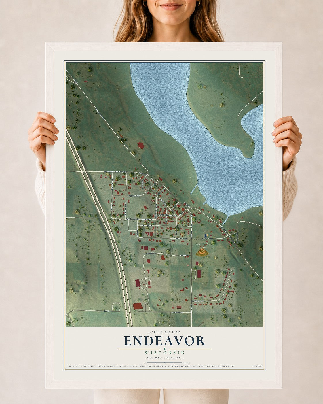 Map of Endeavor, Wisconsin, 24 x 36 inch print in a white wood frame