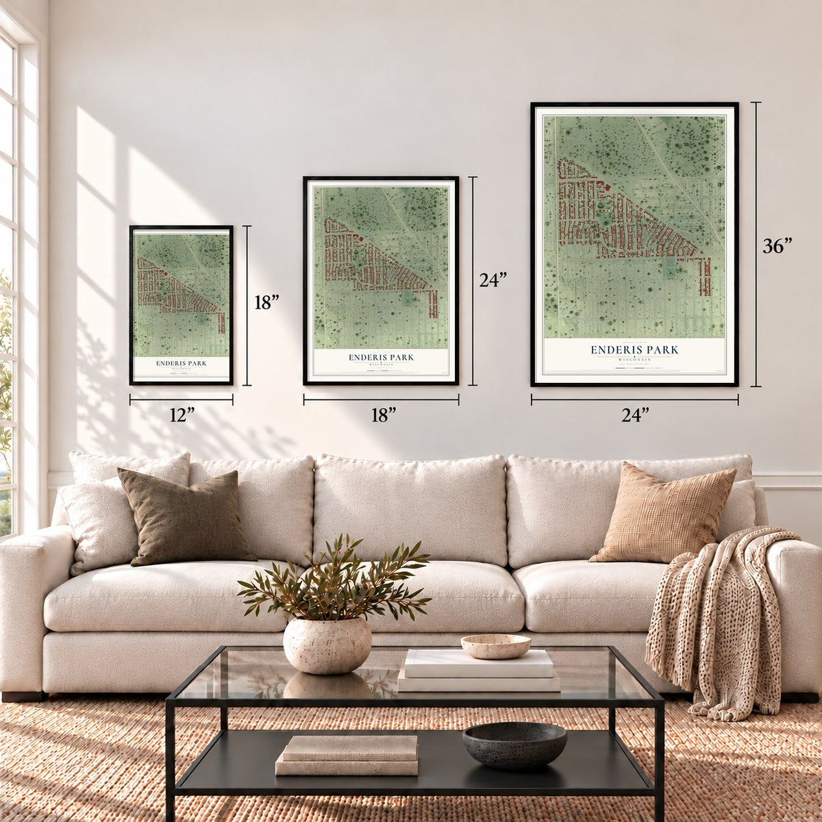 Enderis Park, Wisconsin map in 12 x 18, 18 x 24 and 24 x 36 inch sizes above a sofa