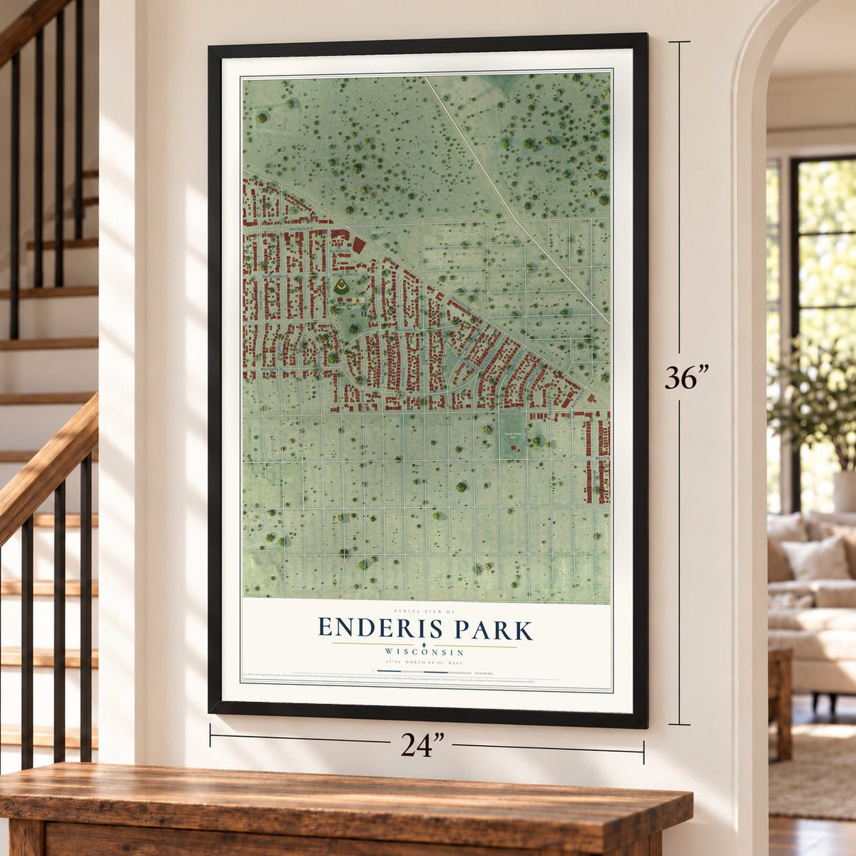 Enderis Park, Wisconsin map, 24 x 36 inch print in a black frame by a staircase