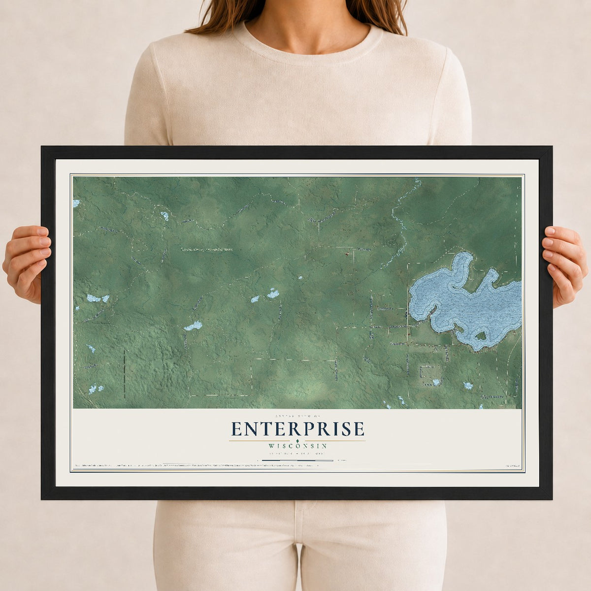 Map of Enterprise, Wisconsin, 12 x 18 inch print in a black wood frame