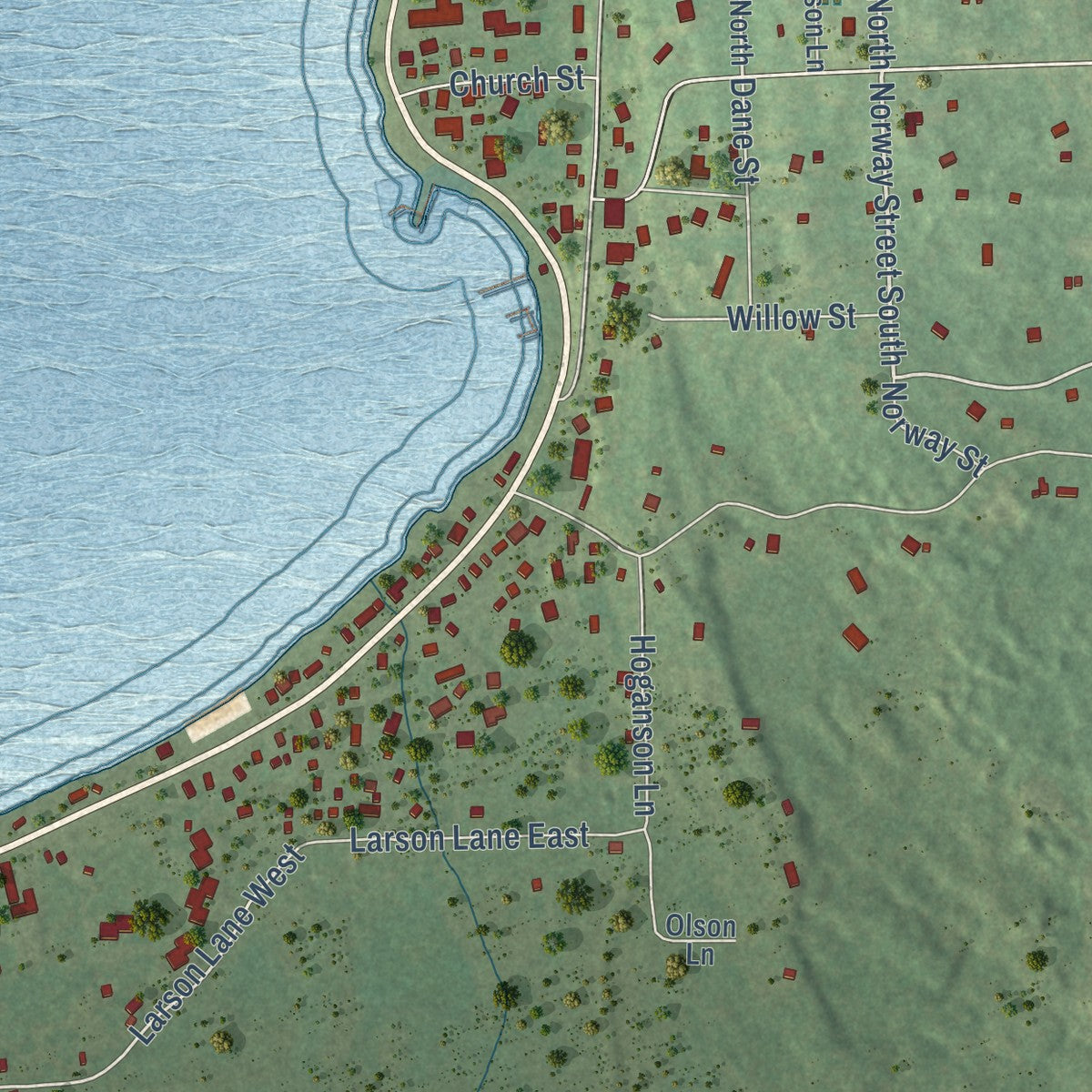 Close-up of the map of Ephraim, Wisconsin print showing street and building detail