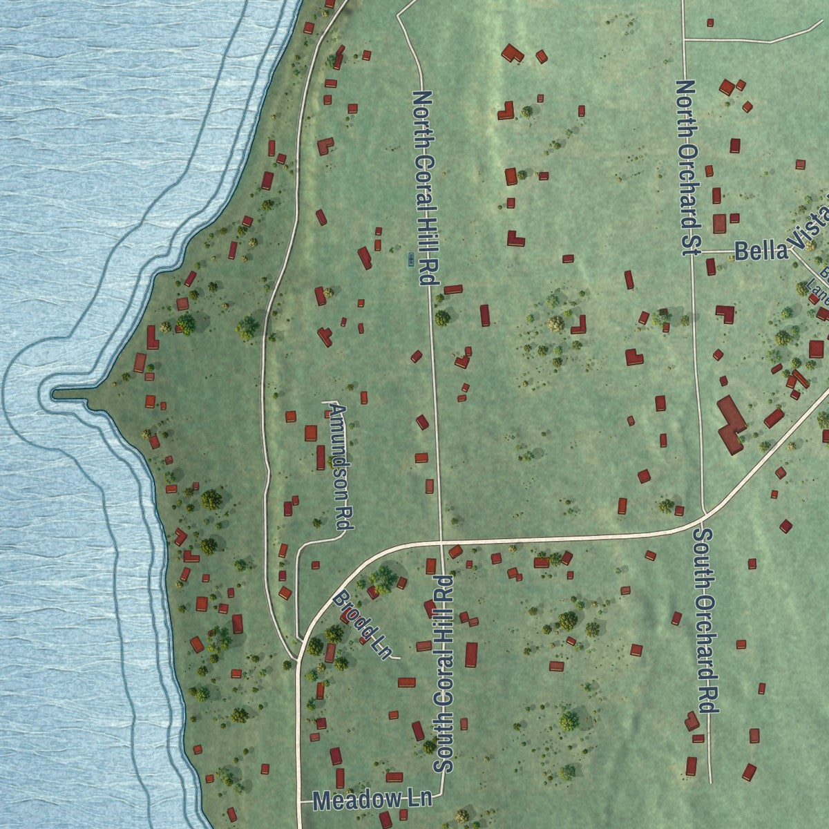 Second close-up of the map of Ephraim, Wisconsin print showing more streets and buildings